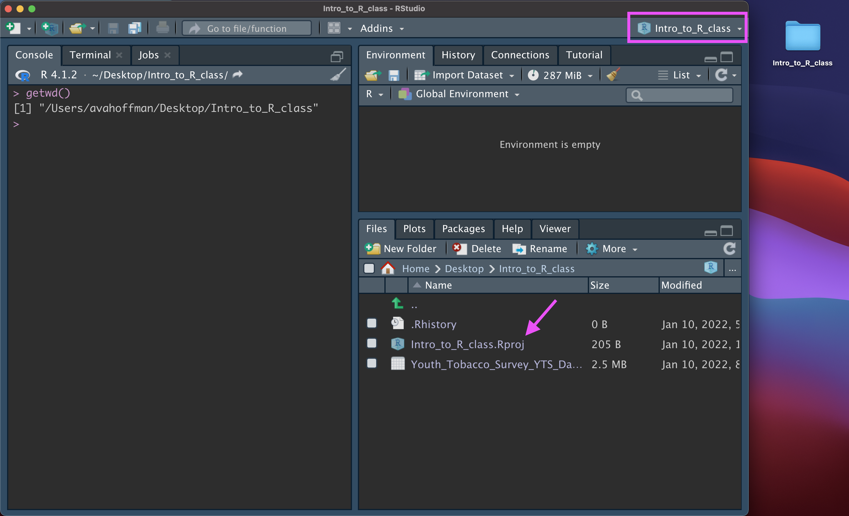 Image showing the RStudio console. There is an arrow pointing to the .Rproj file. The top right corner shows that the 'Intro_to_r' project has been selected.