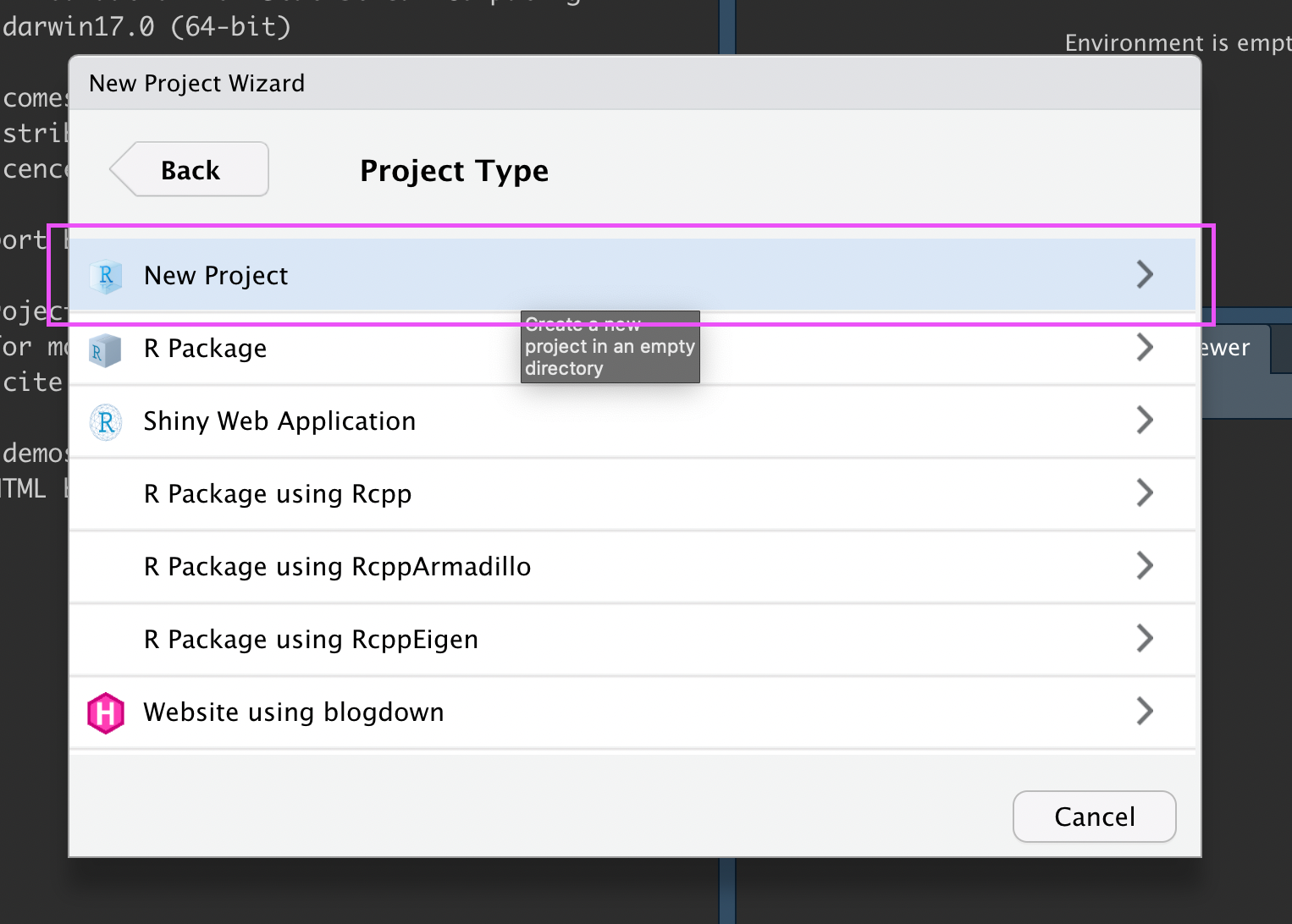 In the New Project Wizard, the 'New Project' option is highlighted.