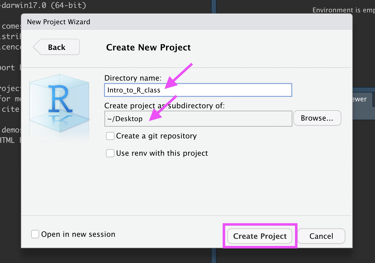 In the New Project Wizard, the new project has been given a name and is going to be stored in the Desktop directory. The 'Create Project' button is highlighted.