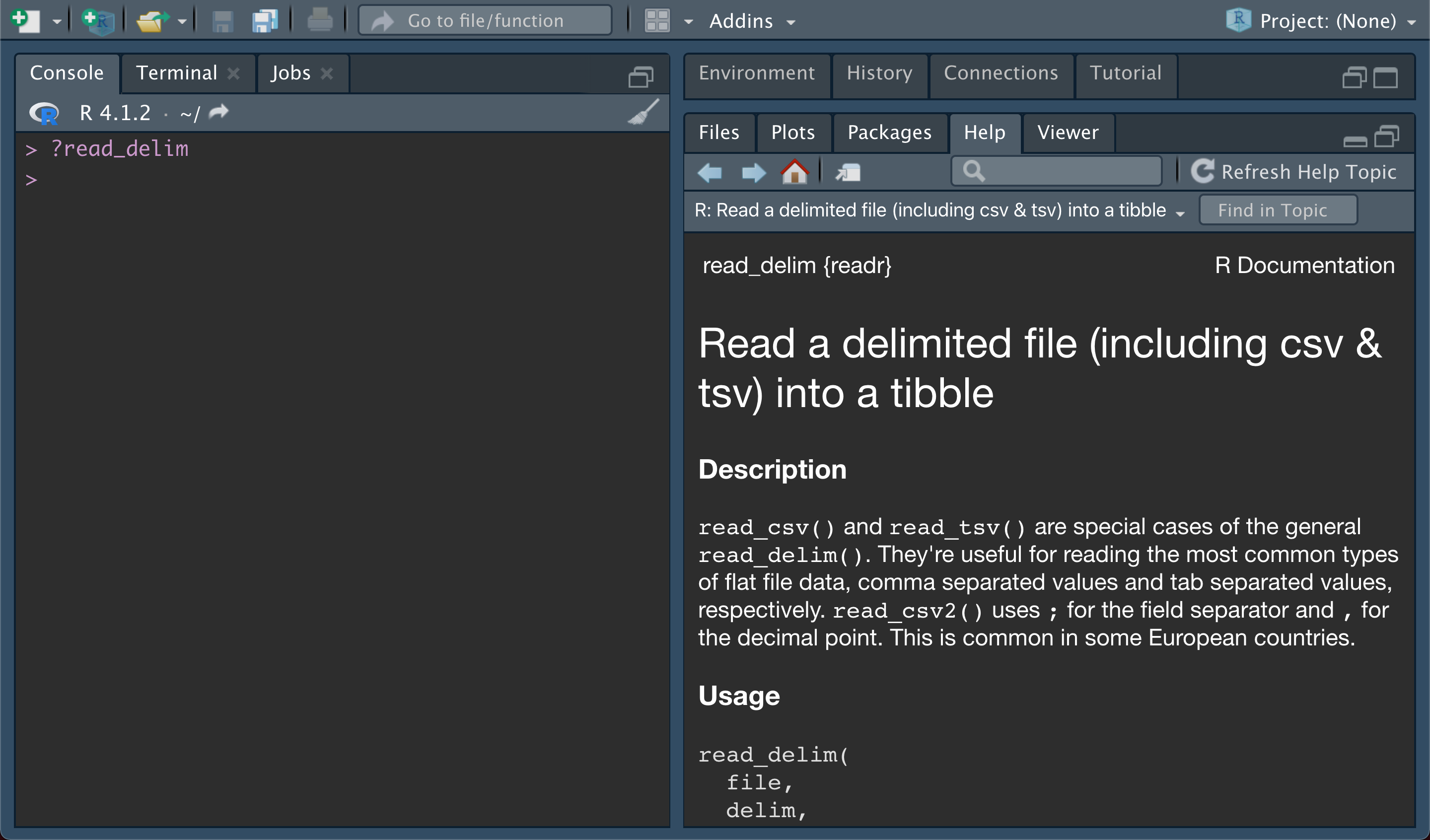 Screenshot of the RStudio console. '?read_delim' has been typed and the help page has appeared in the help pane on the right.